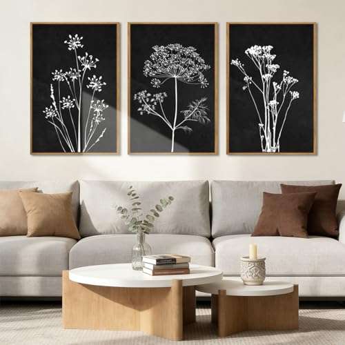 BINCUE Framed Botanical Wall Art Black Grey and White Plant Floral Print Canvas for Living Room Bedroom Office 3 Panel 16x24 Inches - Image 2
