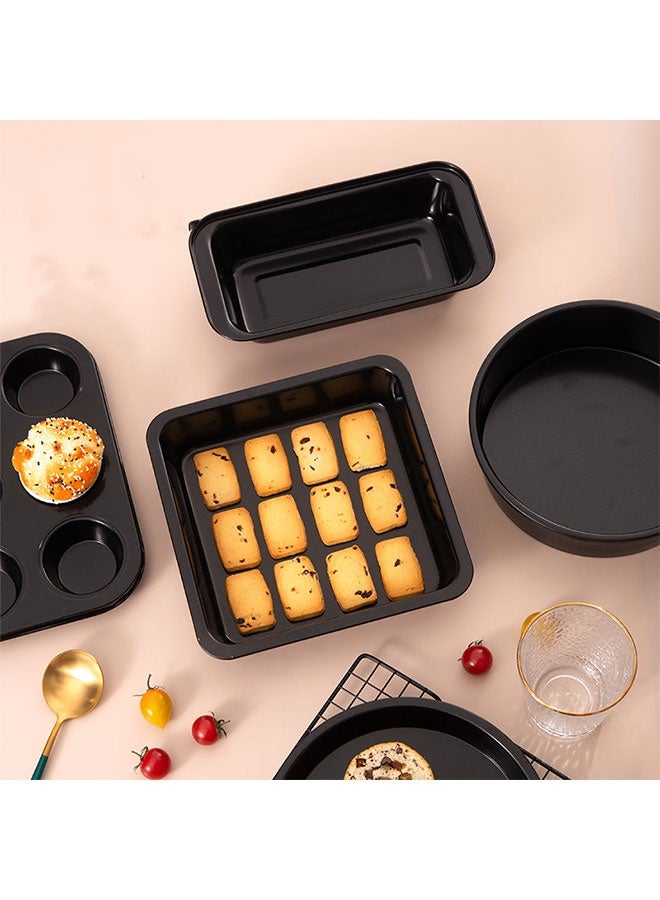 5 Pcs Baking Pans Set, Carbon Steel Oven Baking Tools, Easy Release Kitchen Baking Sheets, Metal Oven Baking Sets, Nonstick Baking Sheet Oven Trays Bakeware Set with Round/Square Cake Pan, 6-Cup Muffin Pan, Loaf Pan, Pizza Tray, Pizza Pan, Cake Tin, Cake Tray, Cookie Sheet Set Baking Supplies (Black) - Image 2