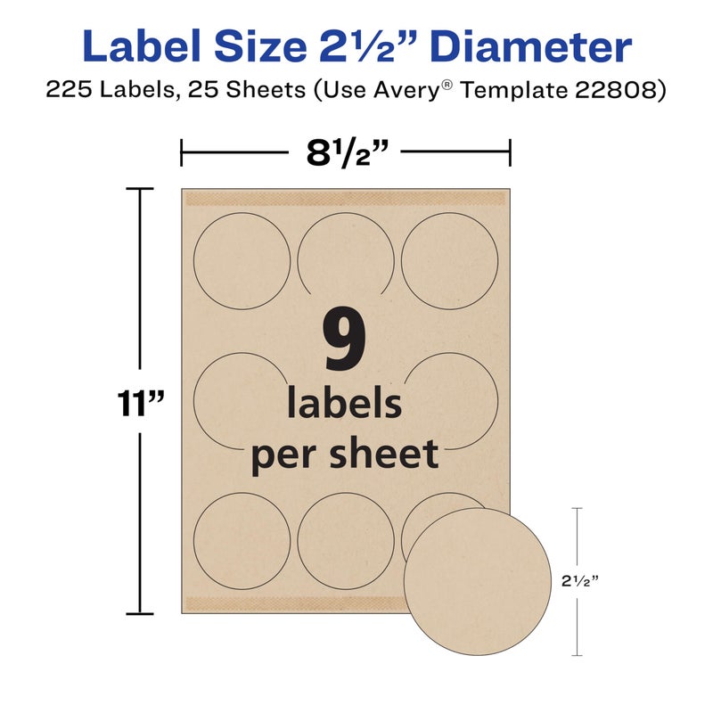 Avery Kraft Brown Round Labels with Sure Feed Technology, 2.5" Diameter, Print to The Edge, Laser/Inkjet Printable Labels, 225 Total (22808) - Image 4