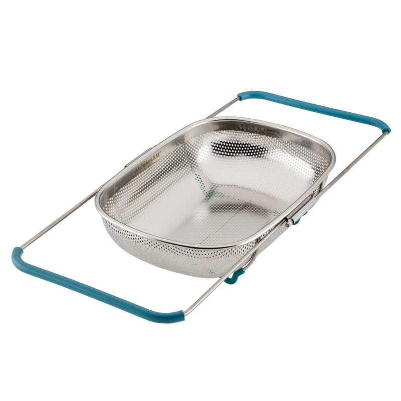 Rachael Ray Tools and Gadgets Over-The-Sink Colander/Strainer, 4.5 Quart, Stainless Steel with Agave Blue Handles - Image 2