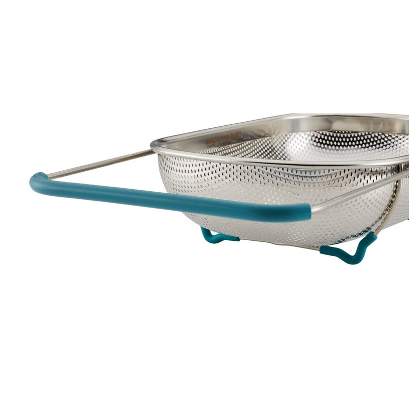 Rachael Ray Tools and Gadgets Over-The-Sink Colander/Strainer, 4.5 Quart, Stainless Steel with Agave Blue Handles - Image 4