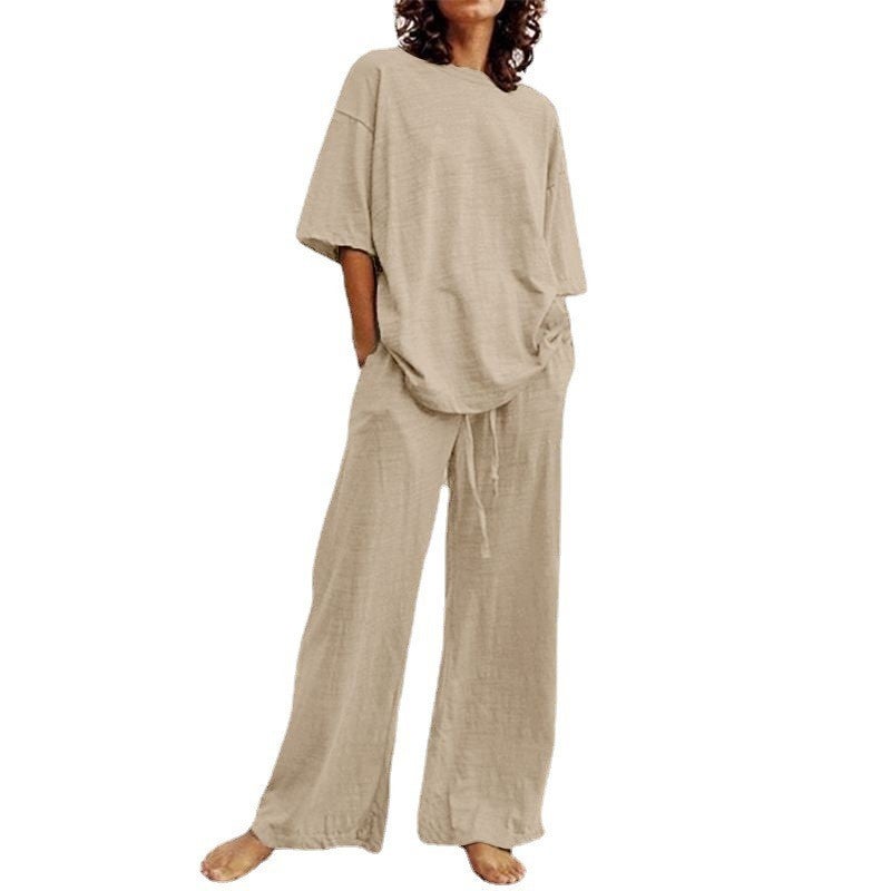 Fashion Womens 2-Piece Set 2023 Summer Casual Belt Pocket suit Half Sleeve O-Neck Top and Wide Leg Pants suit Light brown