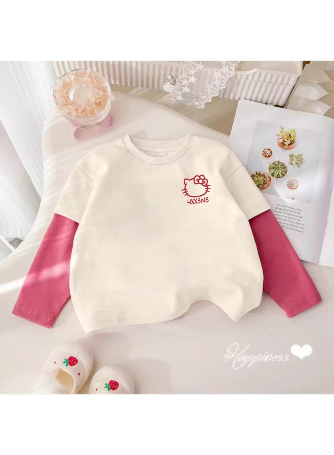 Girls' Long-sleeve T-shirt, Autumn Pure Cotton Round Neck, Faux Two-piece Cartoon Stylish Little Girl Base Shirt, Children's Trendy Top