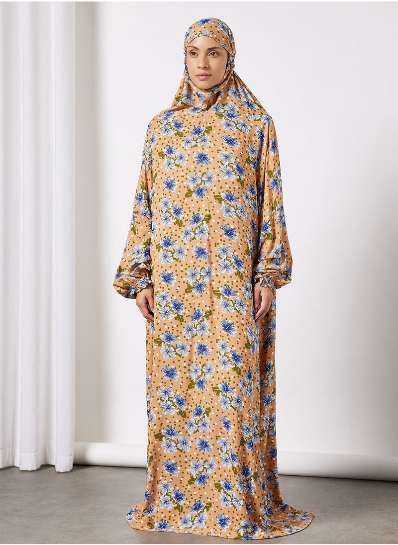 Hayat - Praying Dress With Floral Prints And With Attached Veil - Image 1
