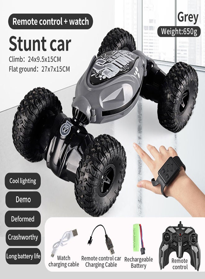 AROAQ Grey Remote Control Stunt Car 4WD Stunt Gesture Induction Twisting Off Road Deformed Vehicle Cool Light Music Drift Traverse Remote Control and Watch Dancing Side Driving Toy  - Image 1