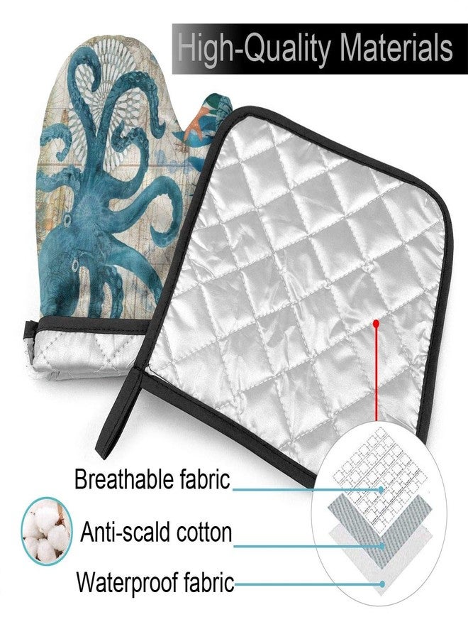 Abucaky Blue Octopus Nautical Map Oven Mitts and Pot Holders Insulated Gloves & Kitchen Counter Safe Mats for Cooking BBQ Baking Grilling (2-Piece Set) - Image 3
