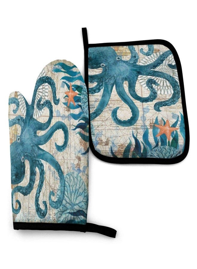 Abucaky Blue Octopus Nautical Map Oven Mitts and Pot Holders Insulated Gloves & Kitchen Counter Safe Mats for Cooking BBQ Baking Grilling (2-Piece Set) - Image 1