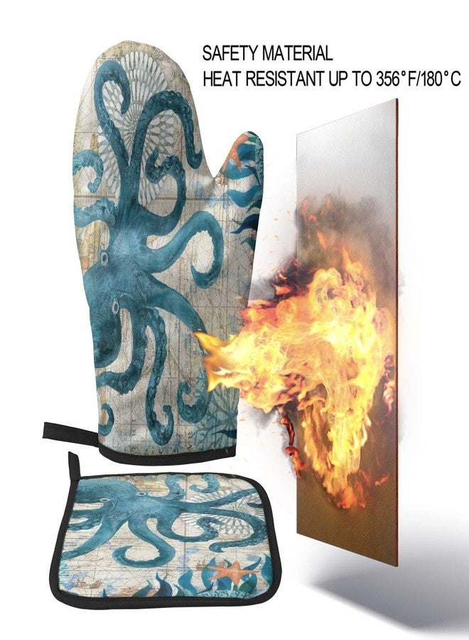 Abucaky Blue Octopus Nautical Map Oven Mitts and Pot Holders Insulated Gloves & Kitchen Counter Safe Mats for Cooking BBQ Baking Grilling (2-Piece Set) - Image 4