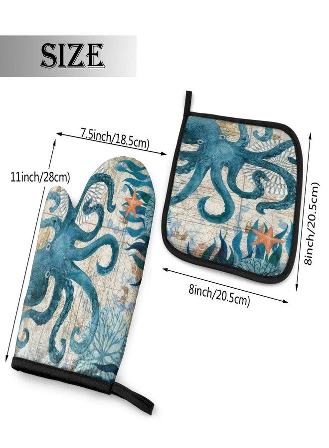 Abucaky Blue Octopus Nautical Map Oven Mitts and Pot Holders Insulated Gloves & Kitchen Counter Safe Mats for Cooking BBQ Baking Grilling (2-Piece Set) - Image 2