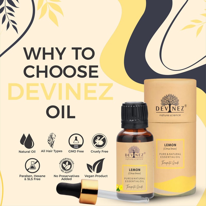 Devinez Lemon Cold Pressed Essential Oil, 100% Pure Natural & Undiluted Therapeutic grade for Face, Aromatherapy, Skin Pigmentation, Hair and Massage - 50ml in Glass Bottle - Image 3