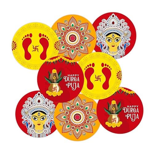 weRevel Happy Durga Puja Party Stickers, 40 Pieces, 2inches, Round, 4 Unique Designs, Made of Sticker Paper - Image 1