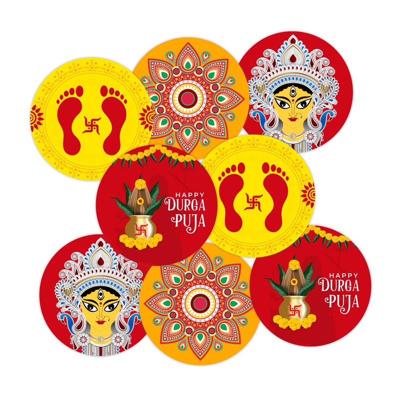 weRevel Happy Durga Puja Party Stickers, 40 Pieces, 2inches, Round, 4 Unique Designs, Made of Sticker Paper - Image 5