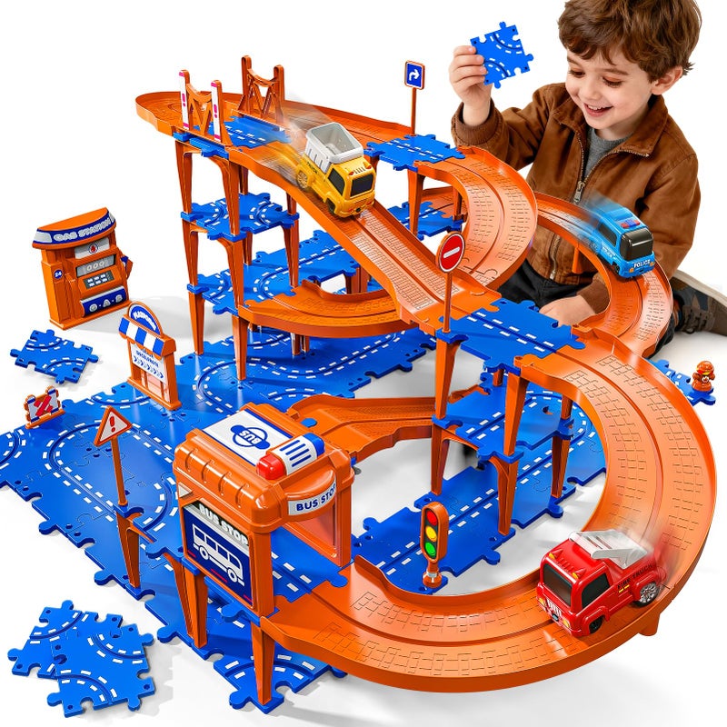 Xelabrion Toddler Toys for 3 4 5 6 Year Old Boys Kids Girls, 96 Pcs Puzzle Track Car Set for Kids Boys Toddlers 3-5 4-6, 4-Tier Puzzle Race Tracks Car Toys Set, Race Track Birthday for Toddlers - Image 1