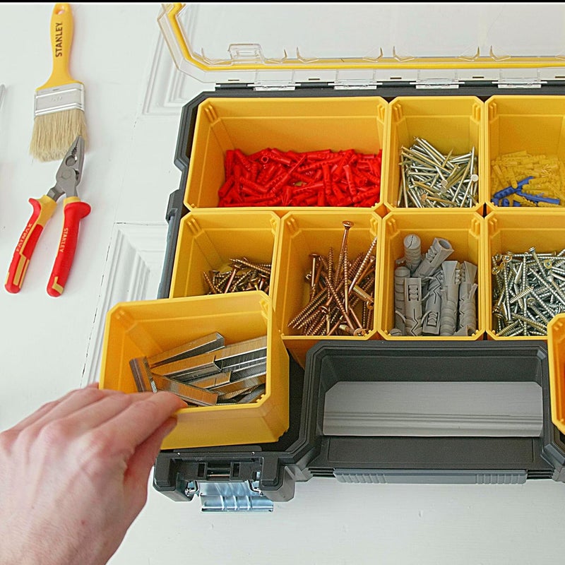 Stanley STANLEY FATMAX 197518 10 Compartment Waterproof Deep Professional Organizer With Metal Latches IP53 Rated Waterseal 8 Kg Weight Capacity Transparent Polypropylene Lid 432x109x33 cm  - Image 4