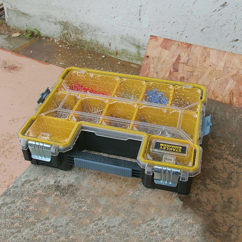 Stanley STANLEY FATMAX 197518 10 Compartment Waterproof Deep Professional Organizer With Metal Latches IP53 Rated Waterseal 8 Kg Weight Capacity Transparent Polypropylene Lid 432x109x33 cm  - Image 3