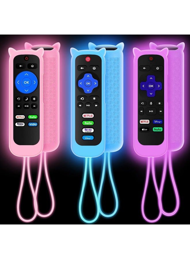 SOTATOO 3Pack Cover for Roku Remote Compatible with Hisense/TCL Roku TV Steaming Stick/Express, Silicone Protective Controller Universal Sleeve Skin Glow in The Dark Purple Blue Pink - Image 1