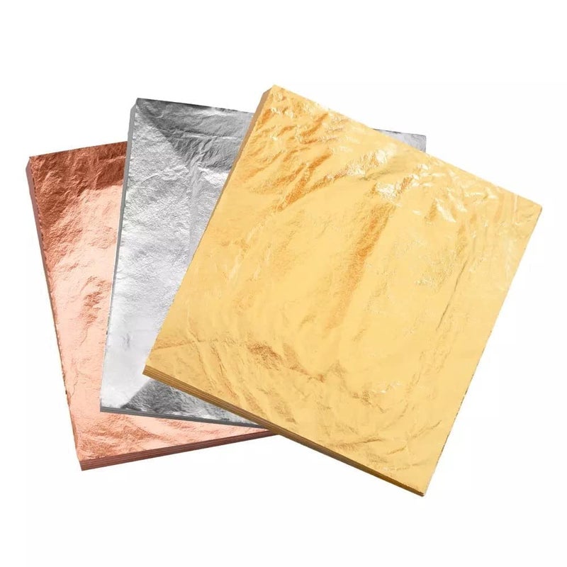 GSWC 300 قطعة من أوراق الفويل المعدنية الذهبية والفضية والنحاسية، أوراق الشفافية، أوراق الانزلاق، أوراق التقليد للاستخدام في الأعمال اليدوية، الإطارات، الفن والحرف، تزيين الأثاث، إلخ (100 من الذهب + 100 من الفضة + 100 من النحاس) 8X8 سم - Image 5