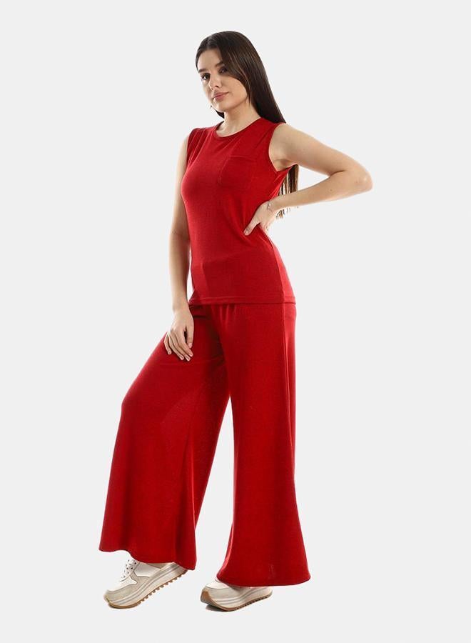 kady Jamila Women Side Pocket Tank Top With Flare Solid Pants ,red-XXL- Oversized Fit - Image 2