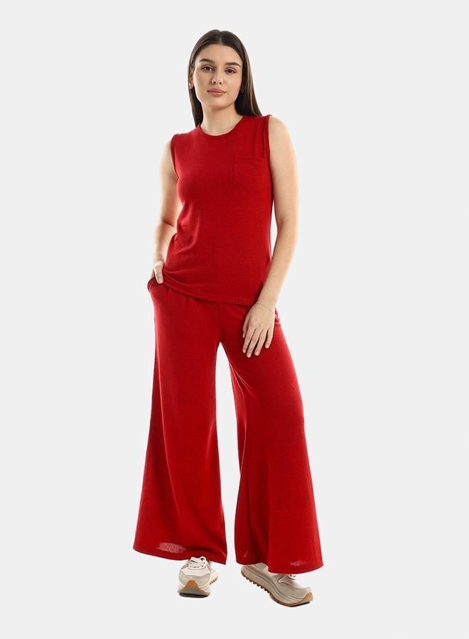 kady Jamila Women Side Pocket Tank Top With Flare Solid Pants ,red-XXL- Oversized Fit - Image 1
