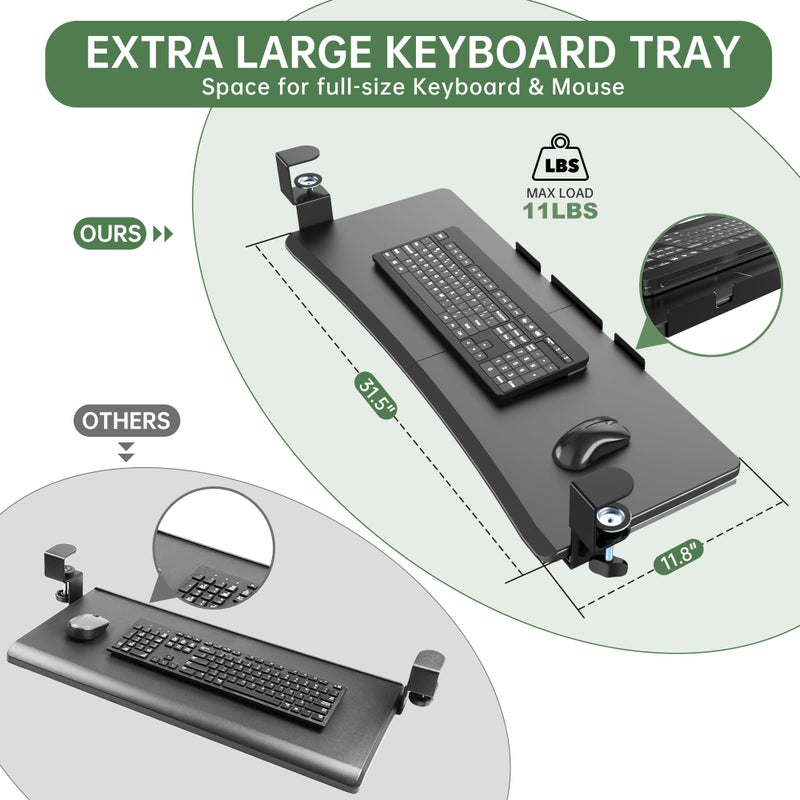 UPGRAVITY Extra Large Keyboard Tray Under Desk - Slide Out with Sturdy C-Clip Mount System, Extra Wide 31.5" (35.8" Including Clamps) x 11.8" Pull-Out Keyboard Computer Drawer, Rustic Vintage Brown - Image 2