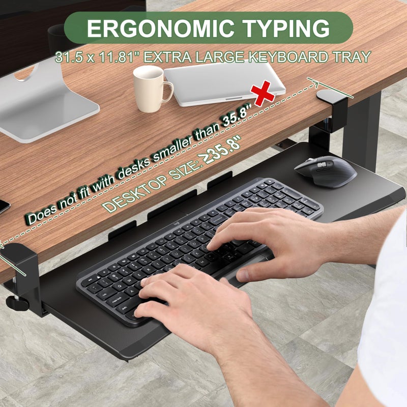 UPGRAVITY Extra Large Keyboard Tray Under Desk - Slide Out with Sturdy C-Clip Mount System, Extra Wide 31.5" (35.8" Including Clamps) x 11.8" Pull-Out Keyboard Computer Drawer, Rustic Vintage Brown - Image 3