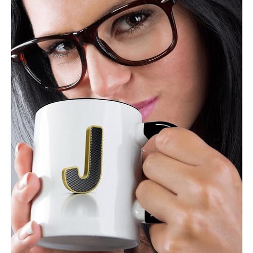 3dRose mug_157996_4 "Monogram letter J in golden metal with perforated front in gray" Mug, 11 oz, Black - Image 2