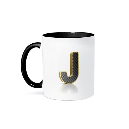 3dRose mug_157996_4 "Monogram letter J in golden metal with perforated front in gray" Mug, 11 oz, Black - Image 1