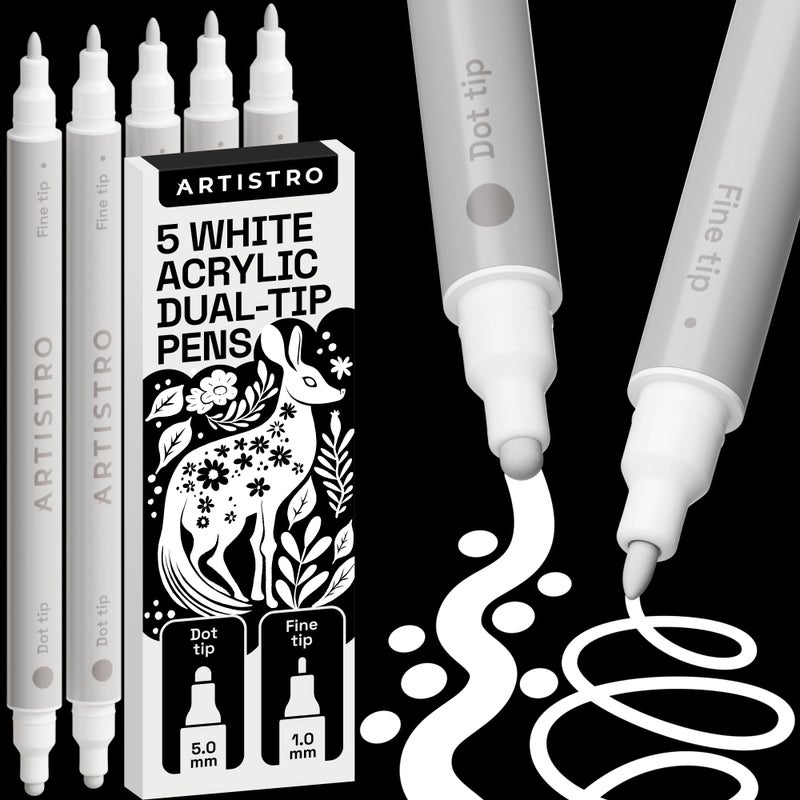 ARTISTRO 5 White Acrylic Paint Markers for Rock, Fabric, Wood, Glass, Craft, Decoration - Dual-Tip Paint Pens - Stocking Stuffers, Christmas Gift Idea for Teens, Grandkids, Kids - Art Supplies - Image 1