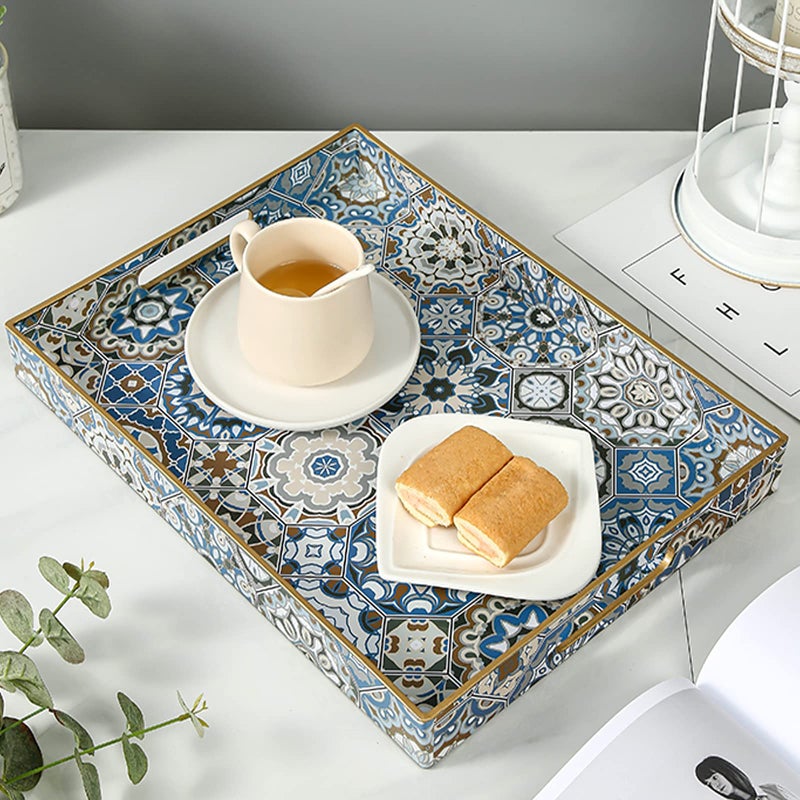 AGIOTA Boho Coffee Table Trays Serving Tray with Handles Large Tray for Ottoman Modern Decorative Tray for Living Room
