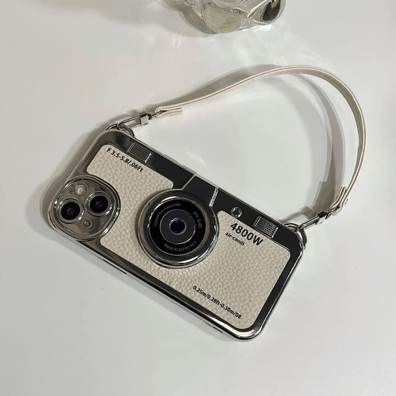 QoKcoahn 3D Vintage Camera Phone Case with Hand Strap - Unique Cool Silicone PC Shockproof Crossbody Protective Case for iPhone 13-White - Image 3