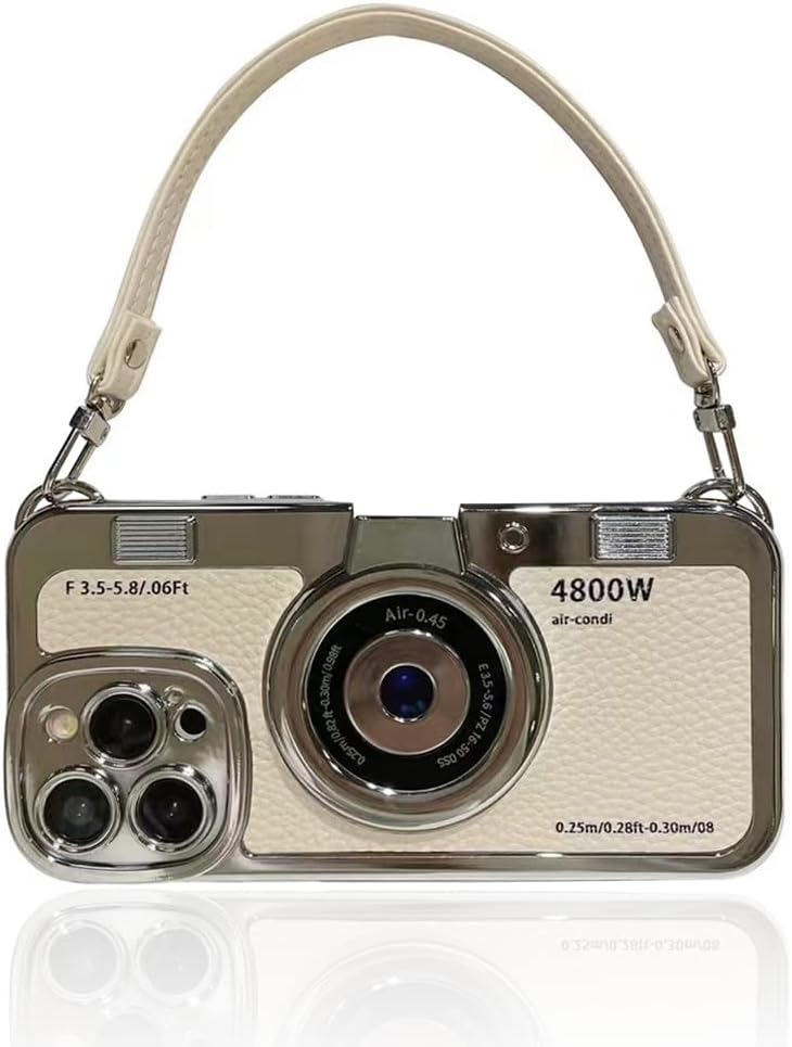 QoKcoahn 3D Vintage Camera Phone Case with Hand Strap - Unique Cool Silicone PC Shockproof Crossbody Protective Case for iPhone 13-White - Image 1