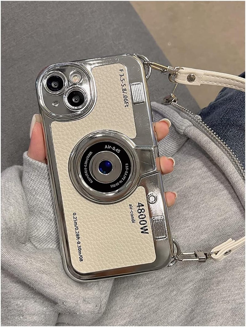 QoKcoahn 3D Vintage Camera Phone Case with Hand Strap - Unique Cool Silicone PC Shockproof Crossbody Protective Case for iPhone 13-White - Image 5