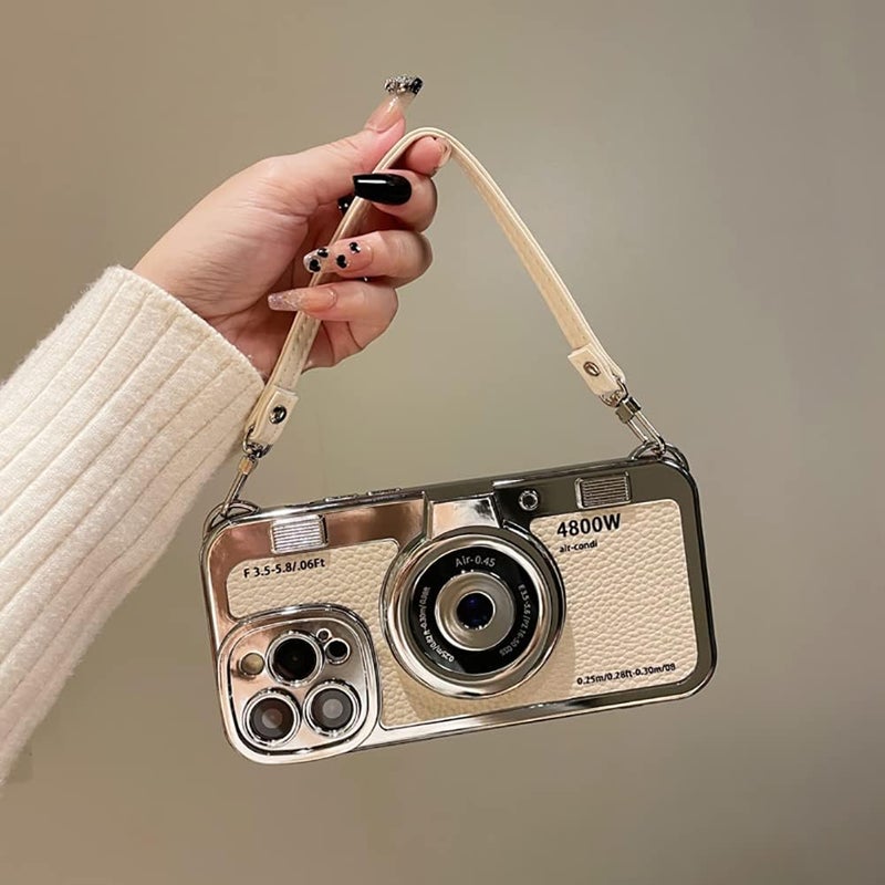 QoKcoahn 3D Vintage Camera Phone Case with Hand Strap - Unique Cool Silicone PC Shockproof Crossbody Protective Case for iPhone 13-White - Image 2