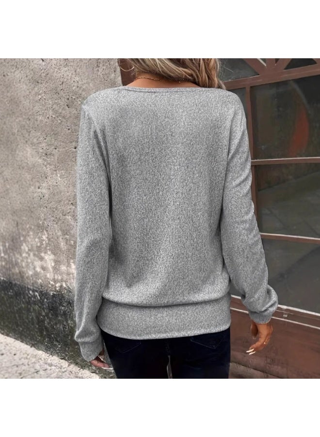 general 2025-2026 Autumn-Winter Solid-color Long-sleeved Square-neck Fake Two-piece Loose T-shirts - Image 2