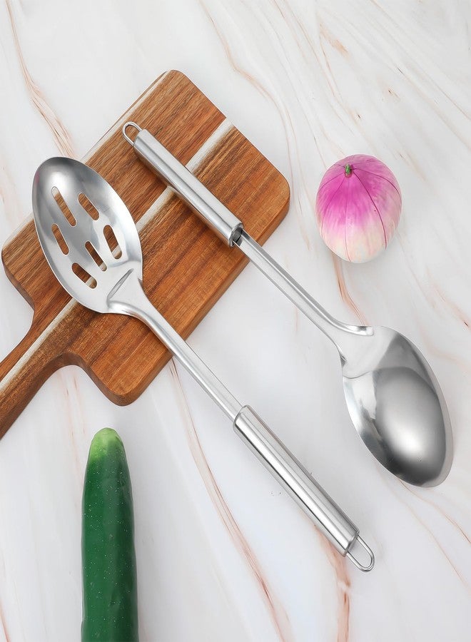 Yolev 2-Piece Stainless Steel Cooking Spoons Set - Cooking Spoons Serving Spoons Stainless Steel Solid and Slotted Kitchen Utensils for Mixing, Serving, Stirring - Image 3