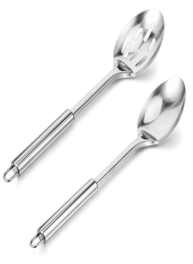 Yolev 2-Piece Stainless Steel Cooking Spoons Set - Cooking Spoons Serving Spoons Stainless Steel Solid and Slotted Kitchen Utensils for Mixing, Serving, Stirring - Image 1