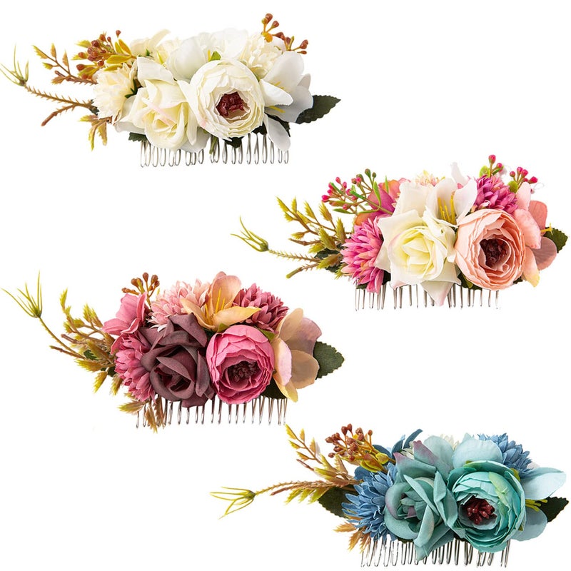 Cinaci 4 Pack Large Artificial Flower Metal Hair Side Combs Floral Slide Hair Clips Wedding Bridal Headpieces Hairpins Barrettes Decorative Hair Comb Bun Accessories for Women Girls Brides Bridesmaids - Image 1