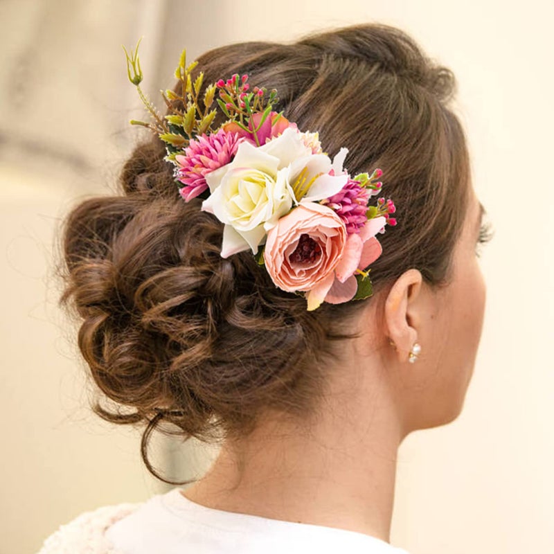Cinaci 4 Pack Large Artificial Flower Metal Hair Side Combs Floral Slide Hair Clips Wedding Bridal Headpieces Hairpins Barrettes Decorative Hair Comb Bun Accessories for Women Girls Brides Bridesmaids - Image 3