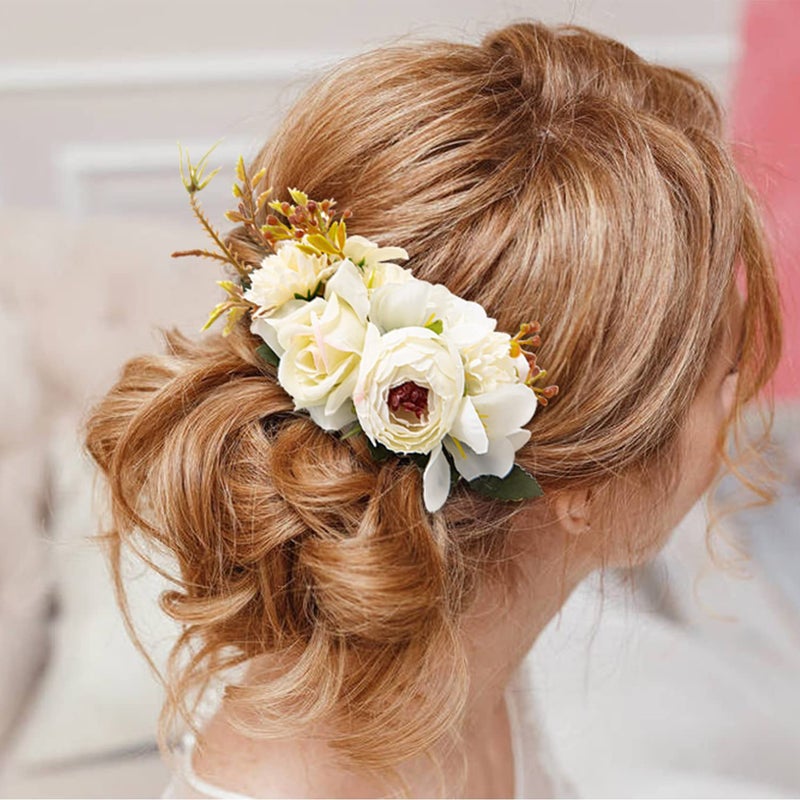 Cinaci 4 Pack Large Artificial Flower Metal Hair Side Combs Floral Slide Hair Clips Wedding Bridal Headpieces Hairpins Barrettes Decorative Hair Comb Bun Accessories for Women Girls Brides Bridesmaids - Image 2