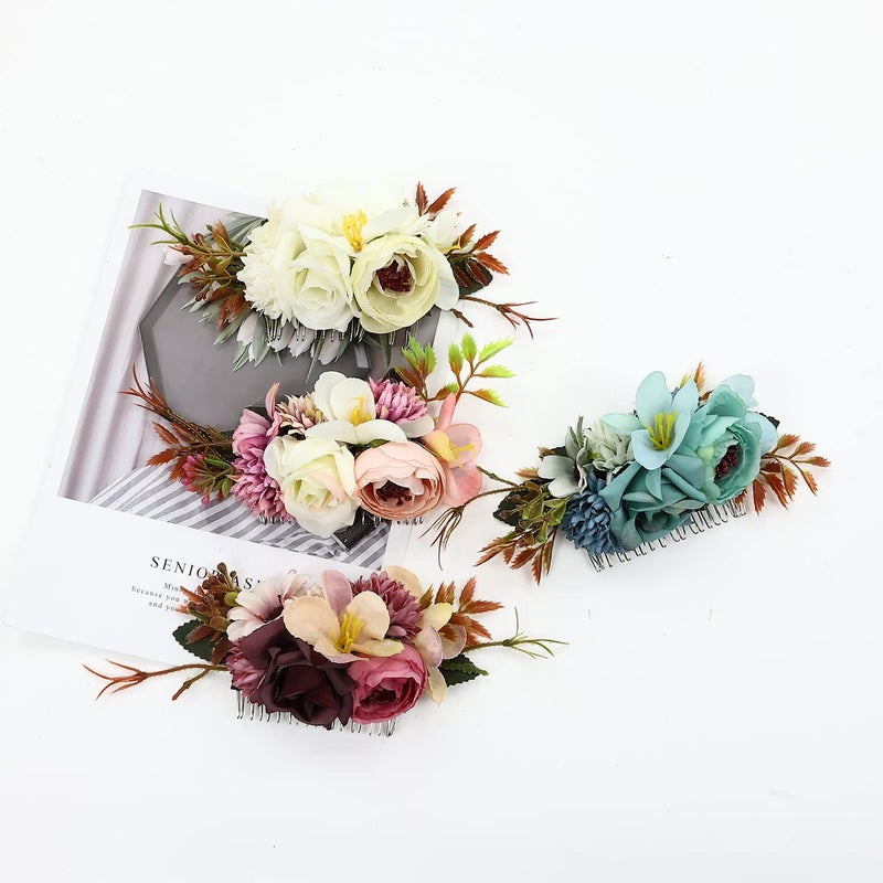 Cinaci 4 Pack Large Artificial Flower Metal Hair Side Combs Floral Slide Hair Clips Wedding Bridal Headpieces Hairpins Barrettes Decorative Hair Comb Bun Accessories for Women Girls Brides Bridesmaids - Image 5