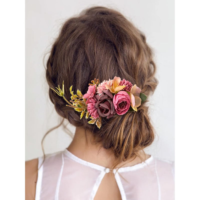 Cinaci 4 Pack Large Artificial Flower Metal Hair Side Combs Floral Slide Hair Clips Wedding Bridal Headpieces Hairpins Barrettes Decorative Hair Comb Bun Accessories for Women Girls Brides Bridesmaids - Image 4
