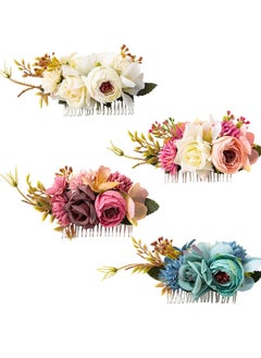 Cinaci Cinaci 4 Pack Large Artificial Flower Metal Hair Side Combs Floral Slide Hair Clips Wedding Bridal Headpieces Hairpins Barrettes Decorative Hair Comb Bun Accessories for Women Girls Brides Bridesmaids  - Image 1