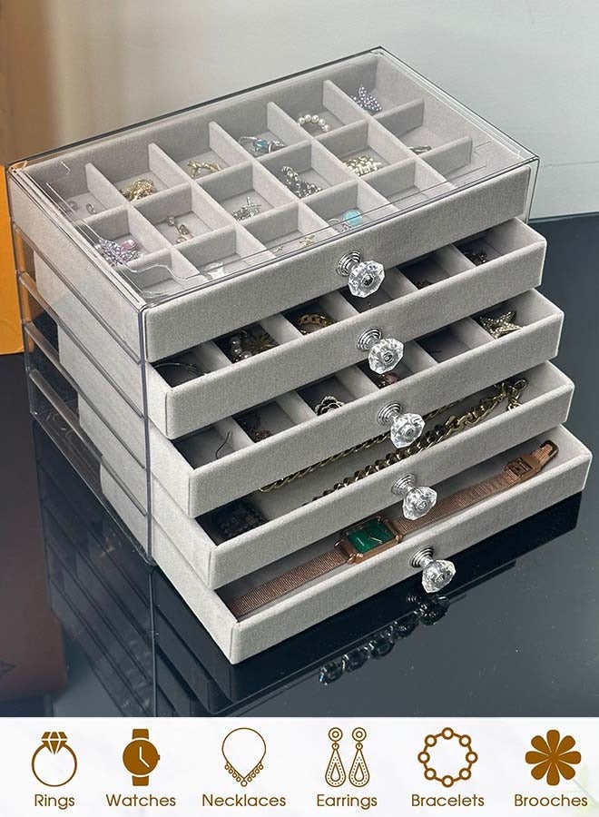 ثمانية فيبيهاوس منظم المجوهرات صندوق منظم مجوهرات أكريليك علبة تنظيم المجوهرات صندوق المجوهرات منظم مجوهرات بخمسة أدراج منظم إكسسوارات علبة إكسسوارات صناديق مجوهرات شفافة للنساء منظم مجوهرات تنظيمات اكسسوارات حافظة عرض مجوهرات قابلة للفصل لحمل الأقراط والأساور والقلائد والخواتم منظمات مجوهرات(رمادي) - Image 1