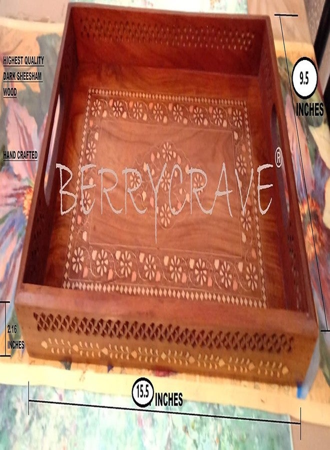 BERRYCRAVE صينية تقديم مصنوعة يدويًا من خشب الشيشام من BERRYCRAVE، مرصعة بالنحاس - قد يختلف التصميم - صينية من خشب الشيشام الصلب لطاولة الطعام (15.5 × 9.5 × 2.16 بوصة) - جودة تصدير ممتازة - حجم متوسط - Image 2