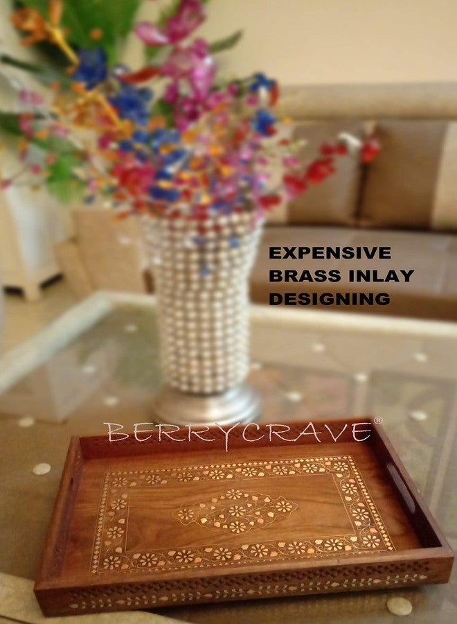 BERRYCRAVE صينية تقديم مصنوعة يدويًا من خشب الشيشام من BERRYCRAVE، مرصعة بالنحاس - قد يختلف التصميم - صينية من خشب الشيشام الصلب لطاولة الطعام (15.5 × 9.5 × 2.16 بوصة) - جودة تصدير ممتازة - حجم متوسط - Image 1