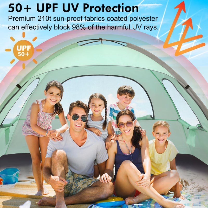 WhiteFang Beach Tent Anti-UV Portable Sun Shade Shelter for 6 Person, Extendable Floor with 3 Ventilating Mesh Windows Plus Carrying Bag, Stakes and Guy Lines (Mint Green) - Image 3