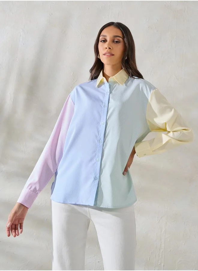 Styli Oversized Color Block Striped Longline Shirt