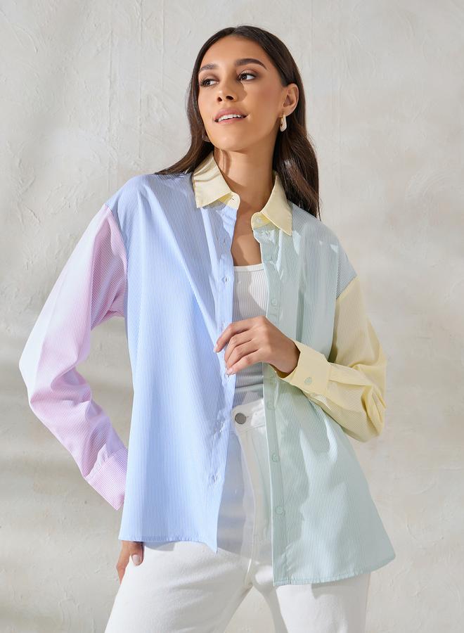 Styli Oversized Color Block Striped Longline Shirt  - Image 1