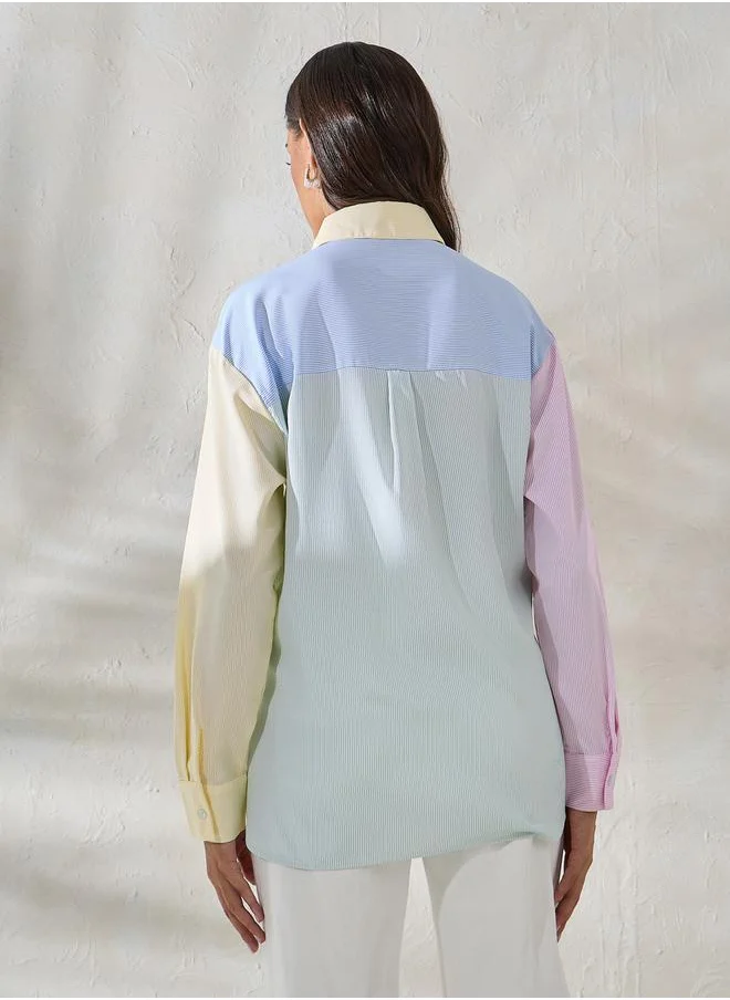 Styli Oversized Color Block Striped Longline Shirt