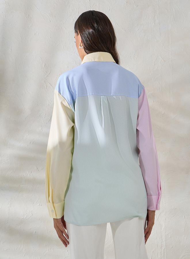 Styli Oversized Color Block Striped Longline Shirt  - Image 5